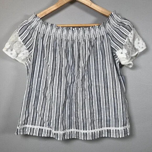 Laundry by Shelli Segal Off-Shoulder Lace Detail Striped Blouse Blue Size M - Picture 4 of 8